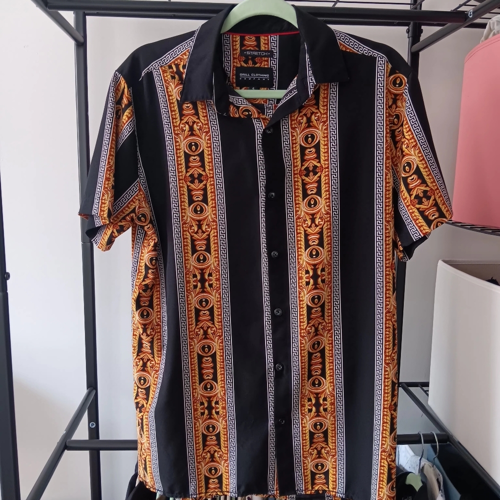 Black and Gold Casual Button Down Shirt with Retro Stripes